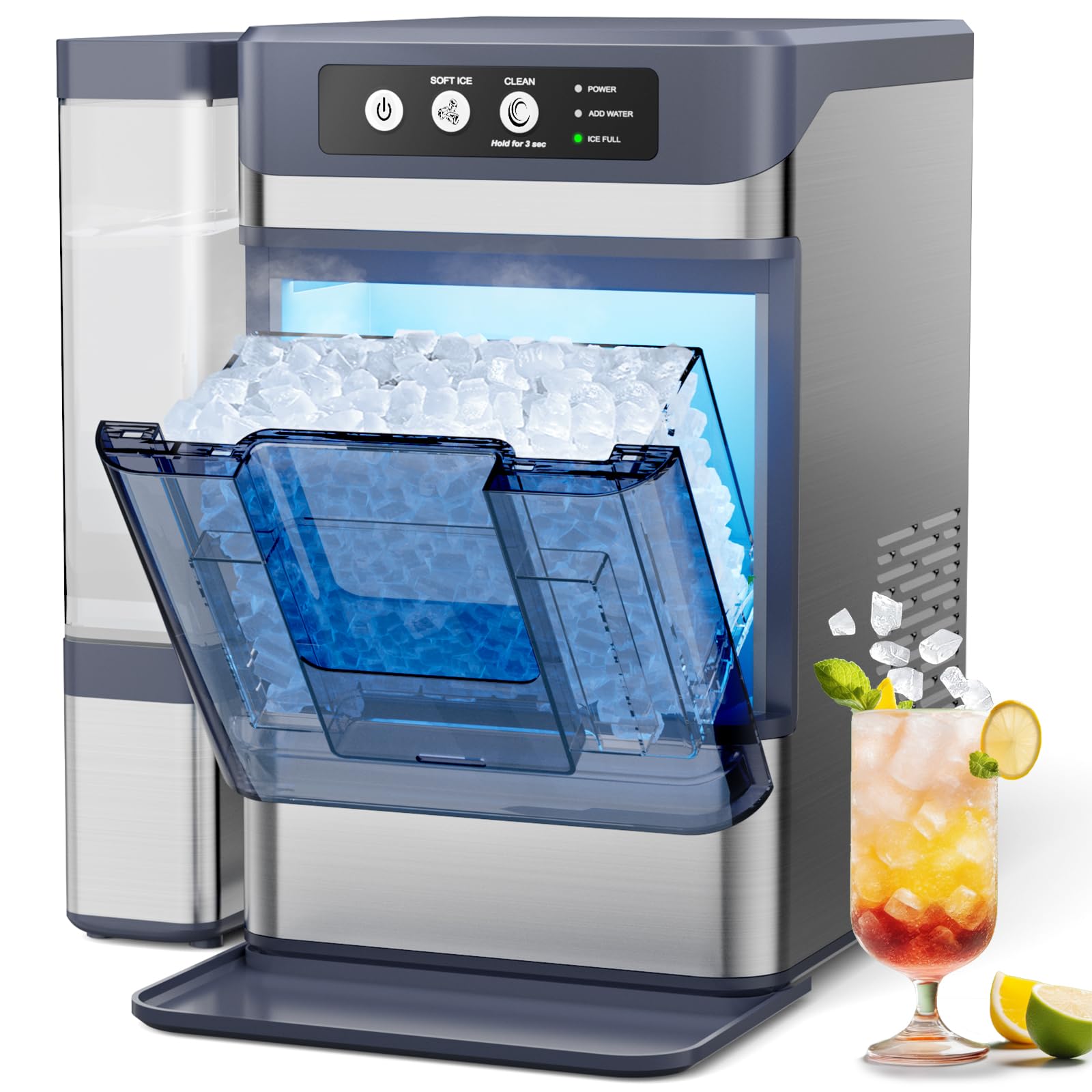 nugget ice maker, 44lbs/24h with 0.8 gallon tank, soft chewable pellet ice ready in 5min portable ice machine, stainless steels ice makers countertop self-cleaning for kitchens/home/office/bar