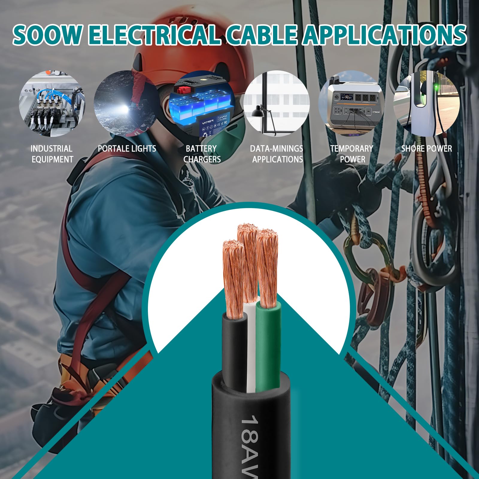 SOOW Fil 6/3 3 m, 6 AWG 600 V, câble d'alimentation portable de calibre 6, câble d'alimentation portable à 3 conducteurs, rallonge pour soudeur, générateur, lumière portable, circuits, chargeur de