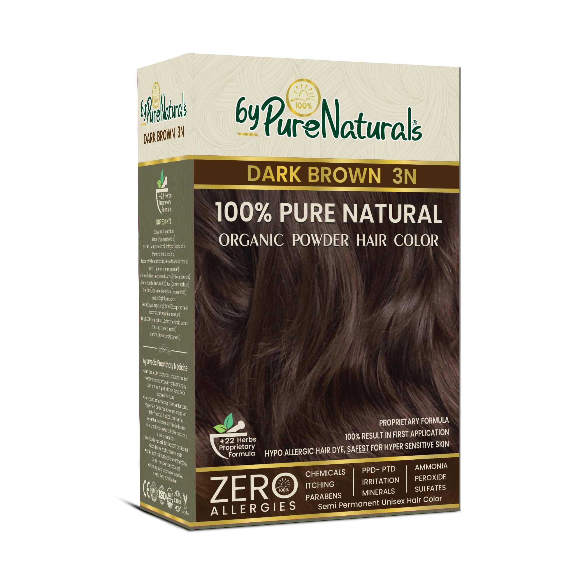 byPureNaturals 100% Organic Hair Colour Powder 3N Dark Brown 60gm | Safest Beard Colour for Men | Natural Hair Colour for Women & Men