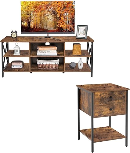 WEENFON Soporte de TV para TV de 55 pulgadas y mesita de noche industrial con 2 cajones centro de entretenimiento retro para el hogar con 6 estantes