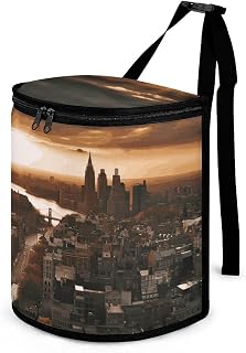 York City Sunset Picture Car Trash Can with Lid Leakproof Storage Bag with Large Capacity Waterproof Automotive Garbage Bin for SUVs Easy-to-Install Car Accessory Interior 2.5 Gallon
