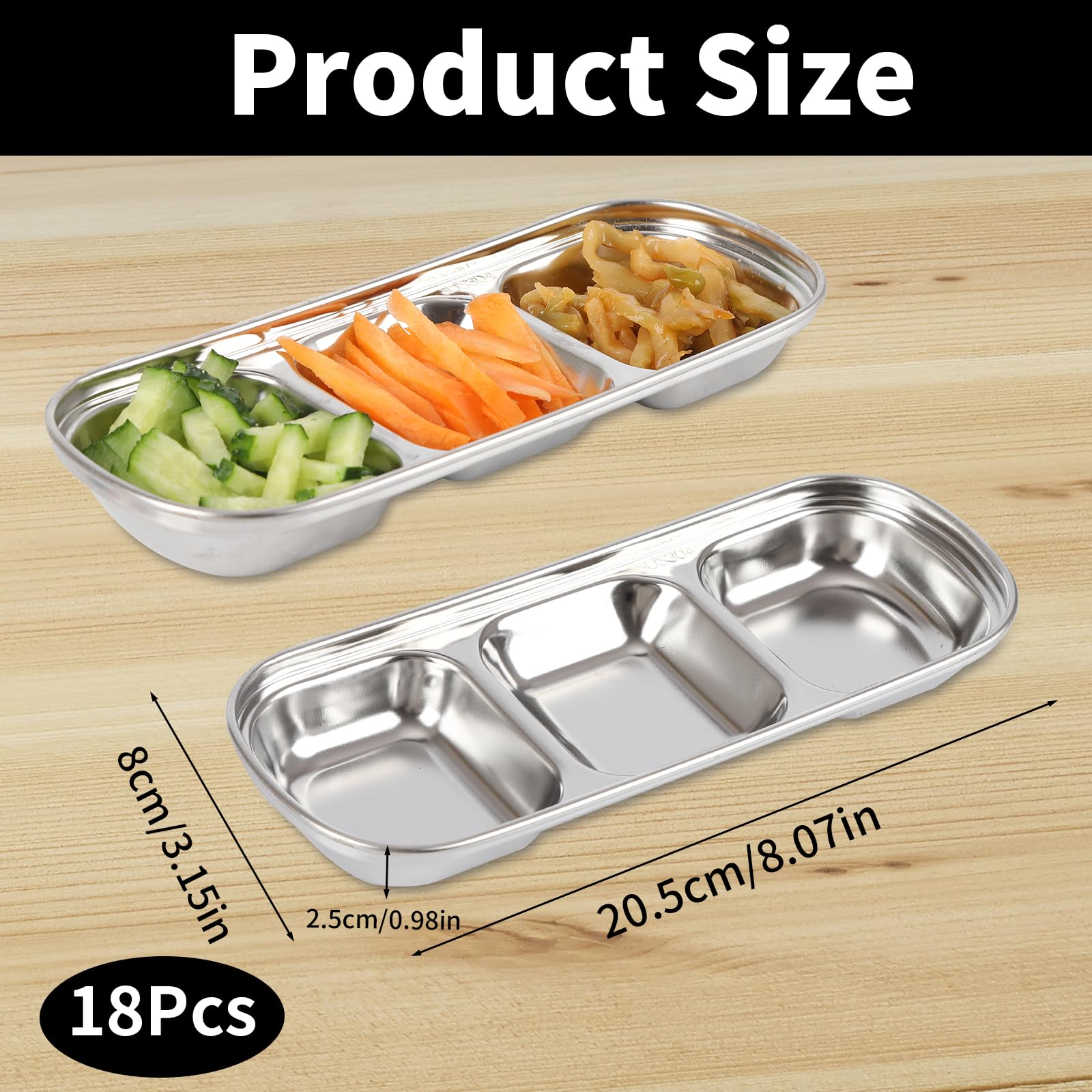 Lot de 18 bols à sauce soja en acier inoxydable divisés - Assiettes à sauce coréennes à 3 compartiments pour maison, restaurant, barbecue, vinaigre, épices, ketchup, sel, sucre et saveurs