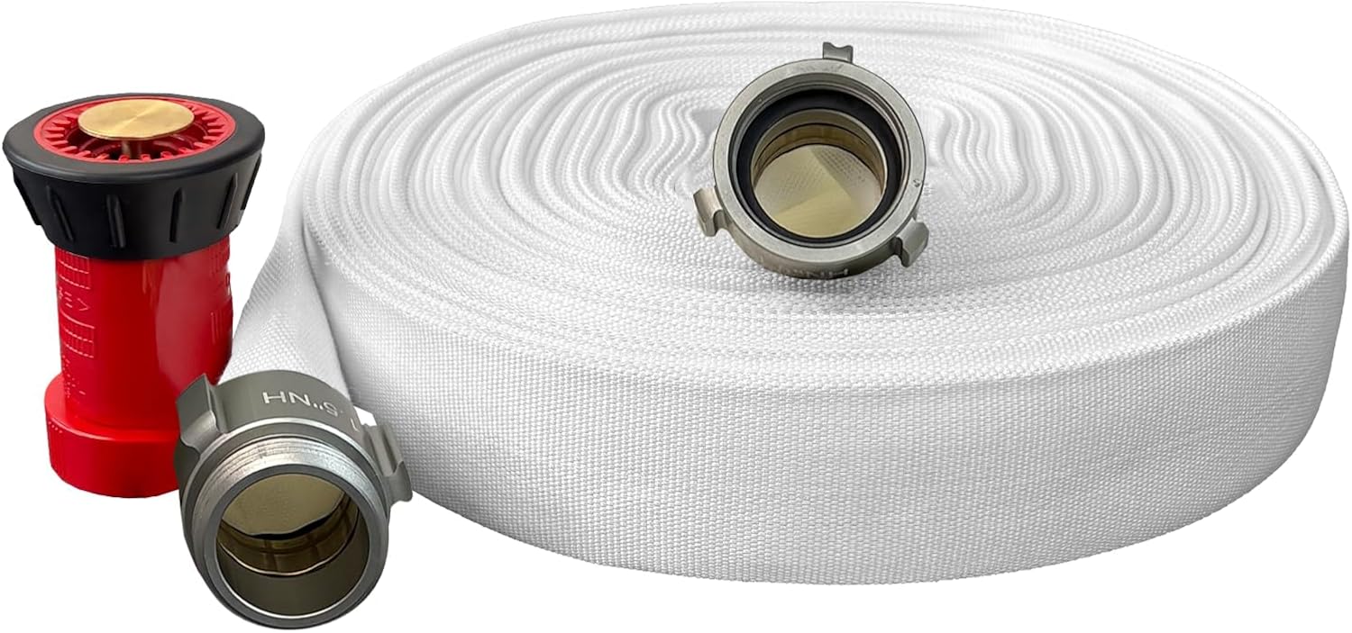 Fire Hose 1-1/2" ID x 50 ft Double Jacket TPU Lined, M x F NST/NH Aluminum Couplings with Fire Nozzle, 750 PSI Burst Pressure, Commercial Grade