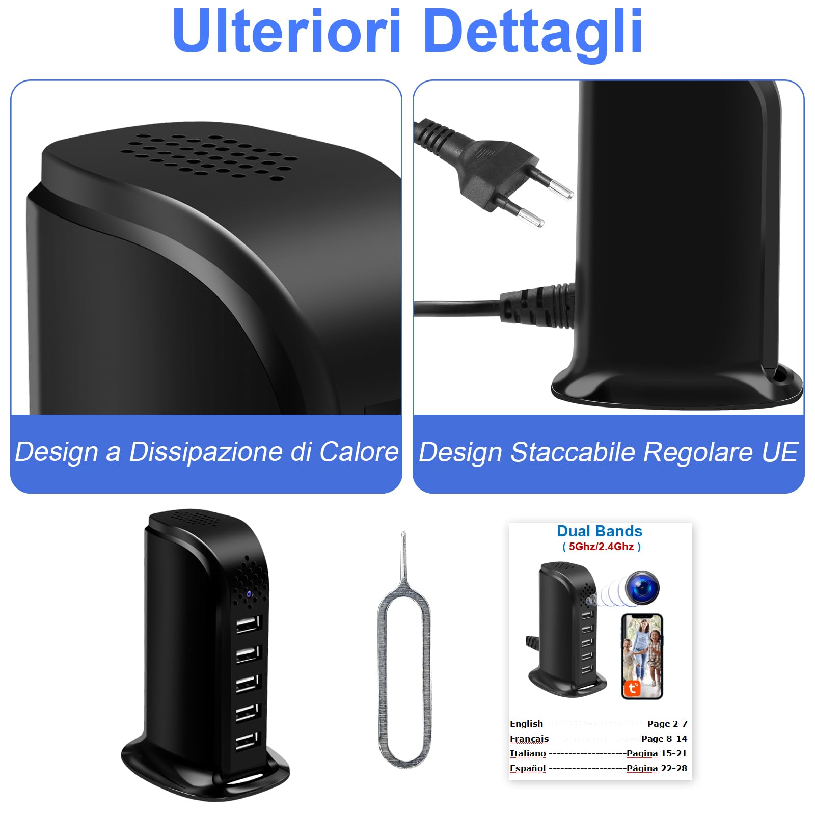 Telecamera Nascosta Spia WiFi, Microcamera Spia Senza Fili 5G Spy Cam | Stazione di Ricarica, 1080P HD, 2.4G/5G, Rilevamento del Movimento, Archiviazione Cloud o Micro SD, Ufficio Tuya APP