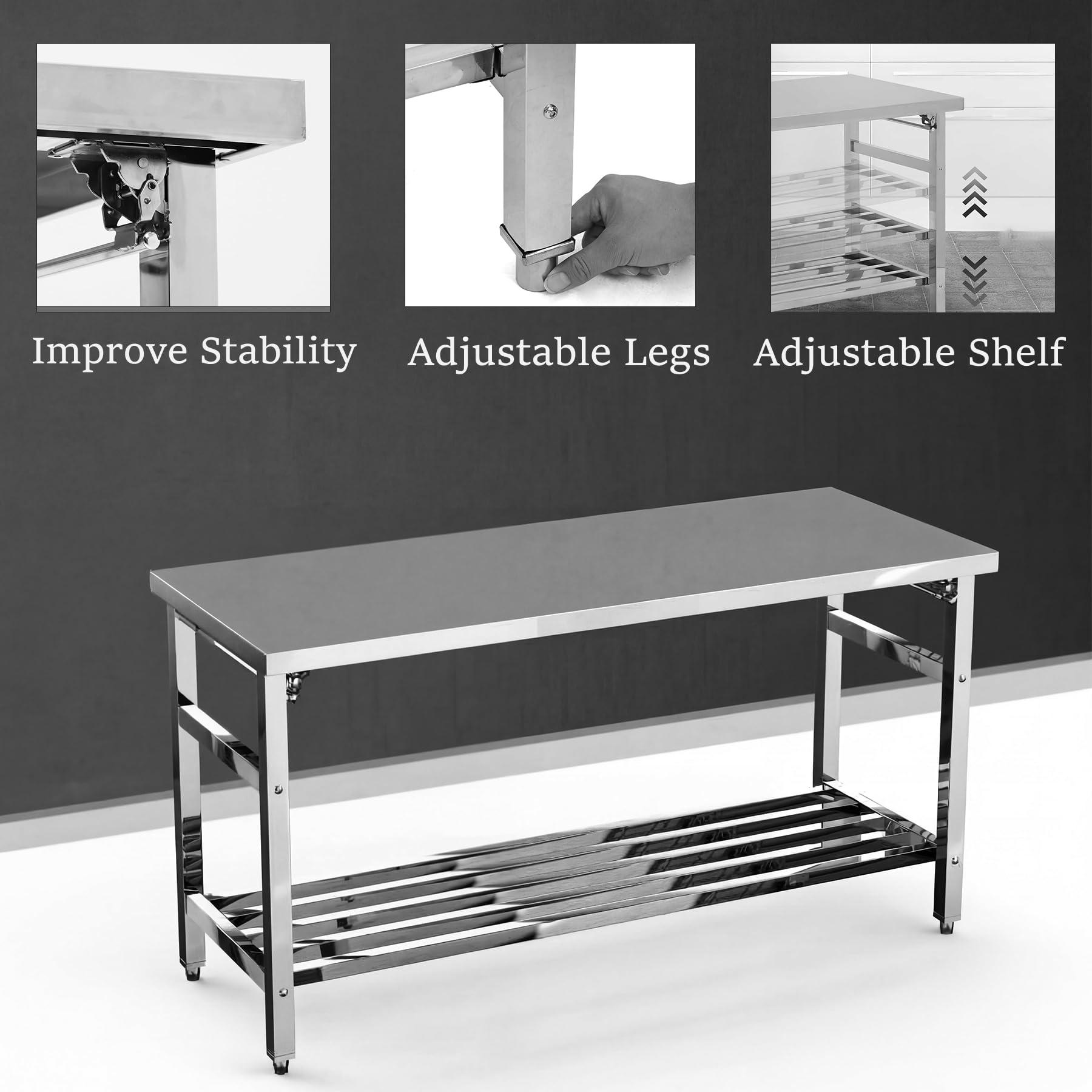 Garvee 60" x 24" Stainless Steel Folding Prep Table, Heavy Duty Commercial Work Table with Adjustable Undershelf for Restaurant, Kitchen, Food Service, Space-Saving, No Installation Required image 6