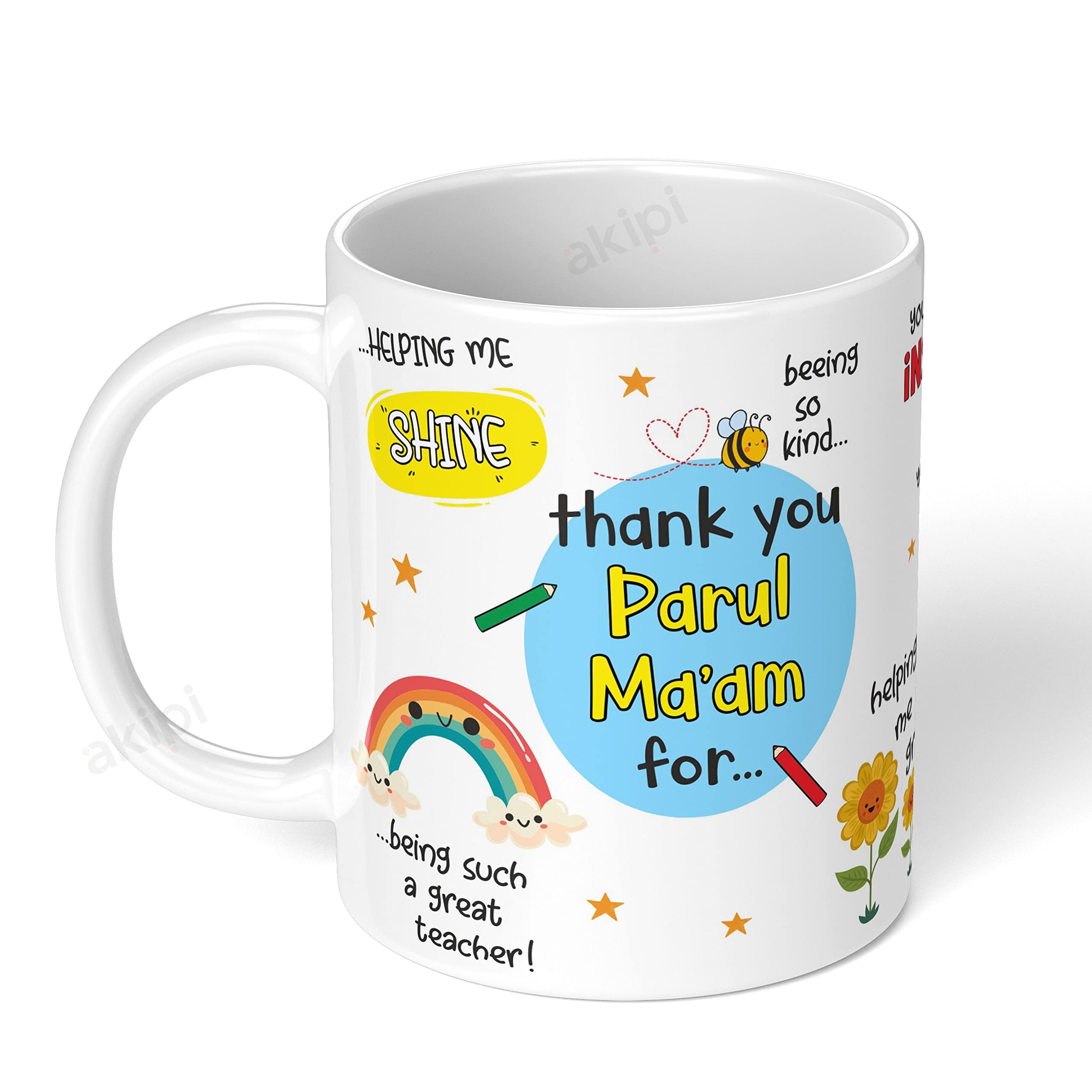 Akipi Thank You Teacher Mug With Personalized Teacher'S Name, Best Teacher Gift, Teacher Mug, Helping Me To Grow Ceramic Mug 11Oz Designer Coffee/Tea Cup Arm576 (Ma'Am/Sir) - 325 Ml