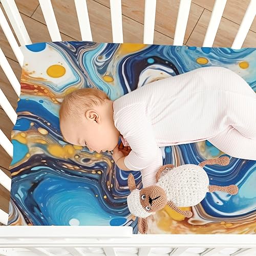 Miniatura 8 de Kigai Fitted Crib Sheet for Boys Girls,Blue Gold Marble Jersey Knit Baby Sheet for Standard Crib and Toddler Bed Mattresses, Cozy Soft Breathable,