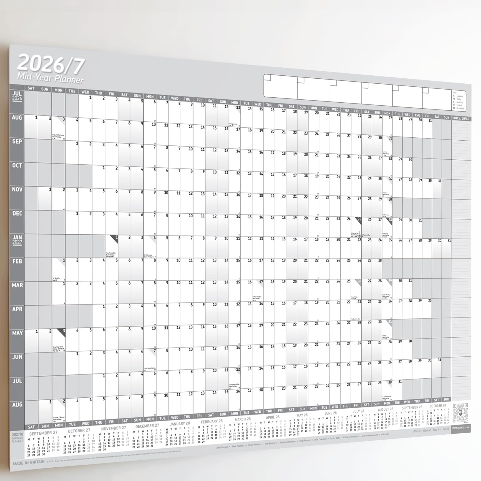 PlannerHead 2026/27 Academic Wall Planner/July 2026-August 2027 Calendar UK/Unmounted Unlaminated Year Planner Poster/Grey A2+ 43cm x 62cm (Folded Flat)