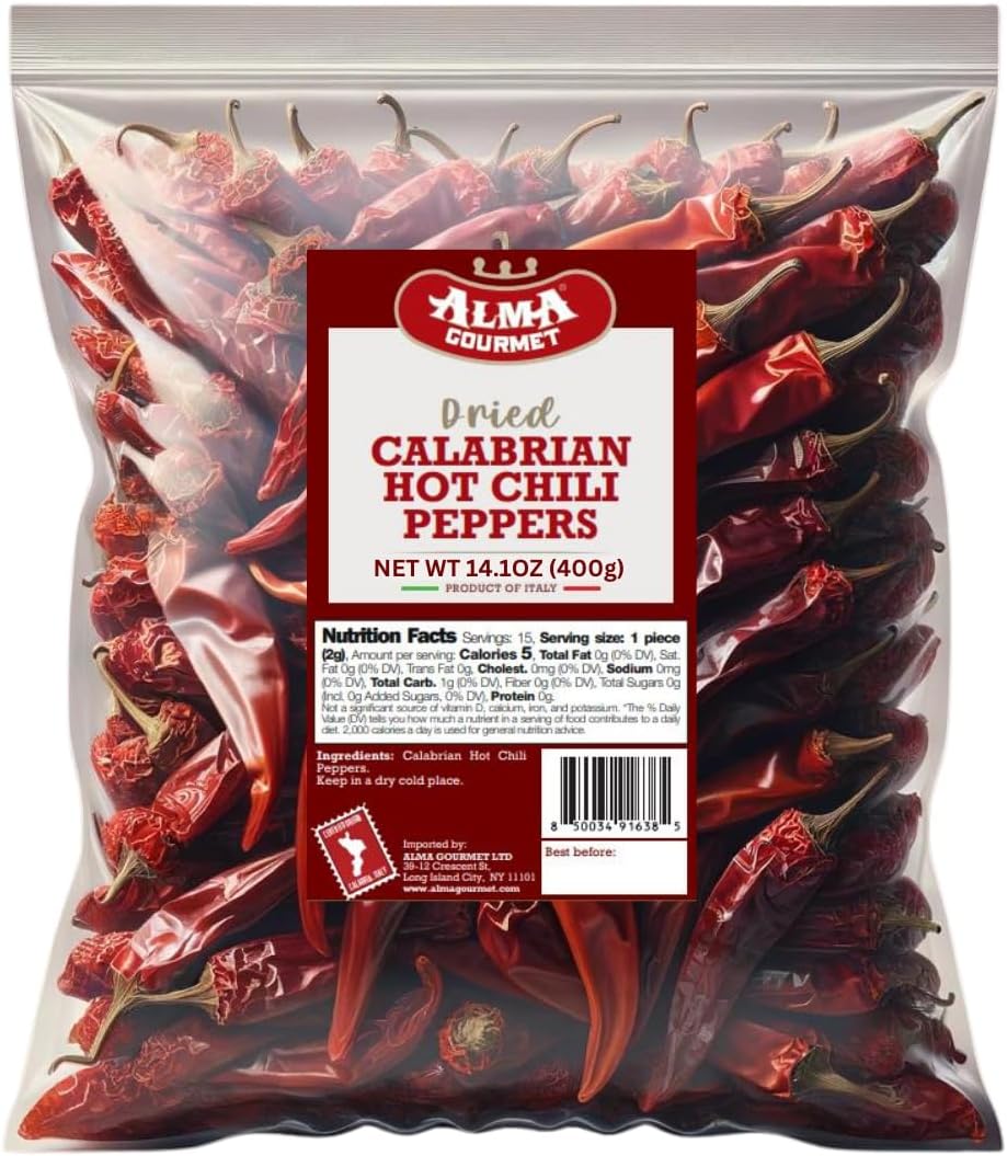 Whole Dried Calabrian Red Hot Chili Peppers – Peperoncino Secco Calabrese, Authentic Italian Spicy Peppers, Imported from Italy – 14.1oz (400g)