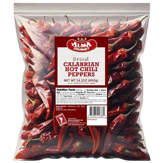Alma Gourmet Whole Dried Calabrian Red Hot Chili Peppers Peperoncino Secco Calabrese, Authentic Italian Spicy Peppers, Imported from Italy 14.1oz (400g)