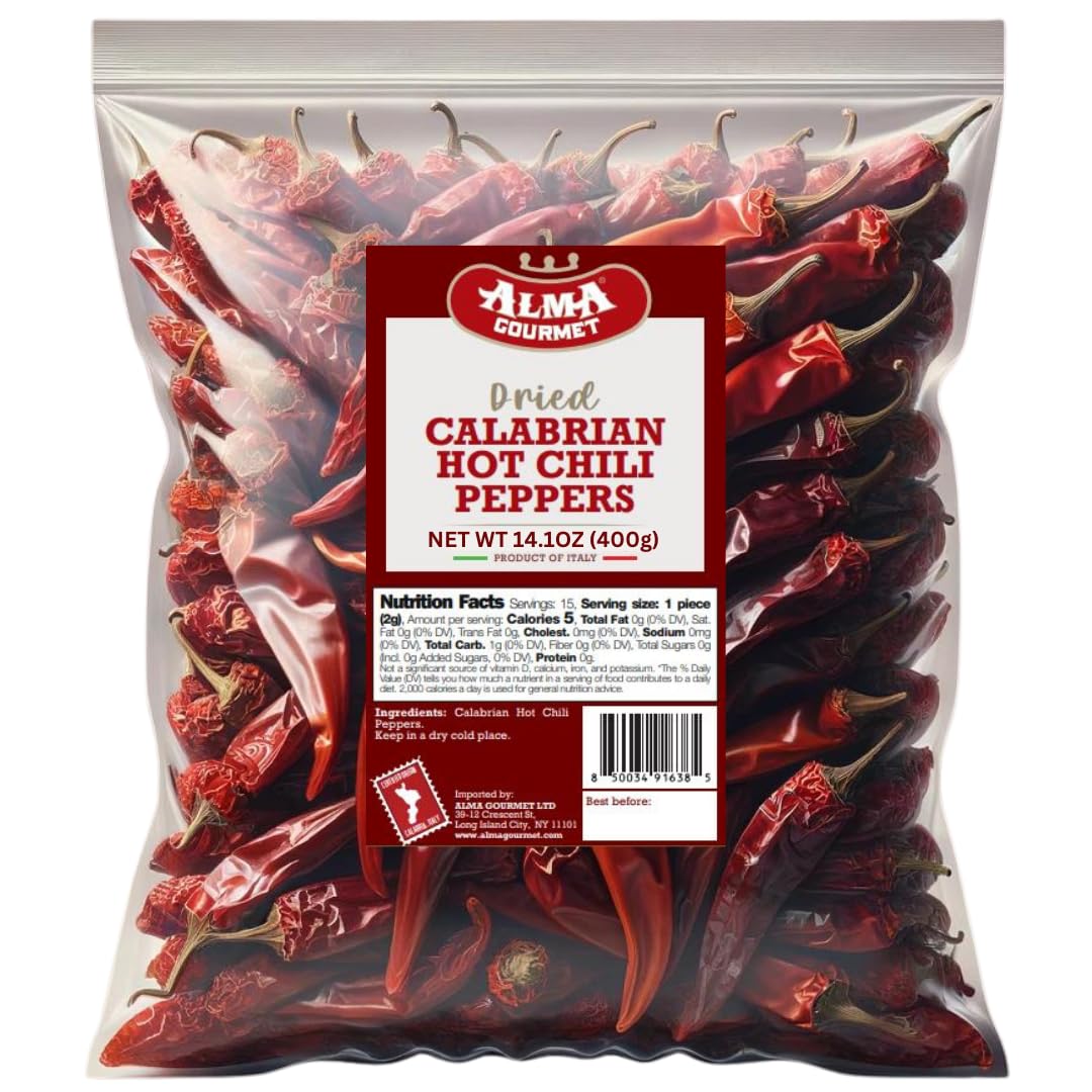 Alma Gourmet Whole Dried Calabrian Hot Chili Peppers Imported From Italy - Authentic Peperoncino Secco Calabrese - 14.1oz (400g)