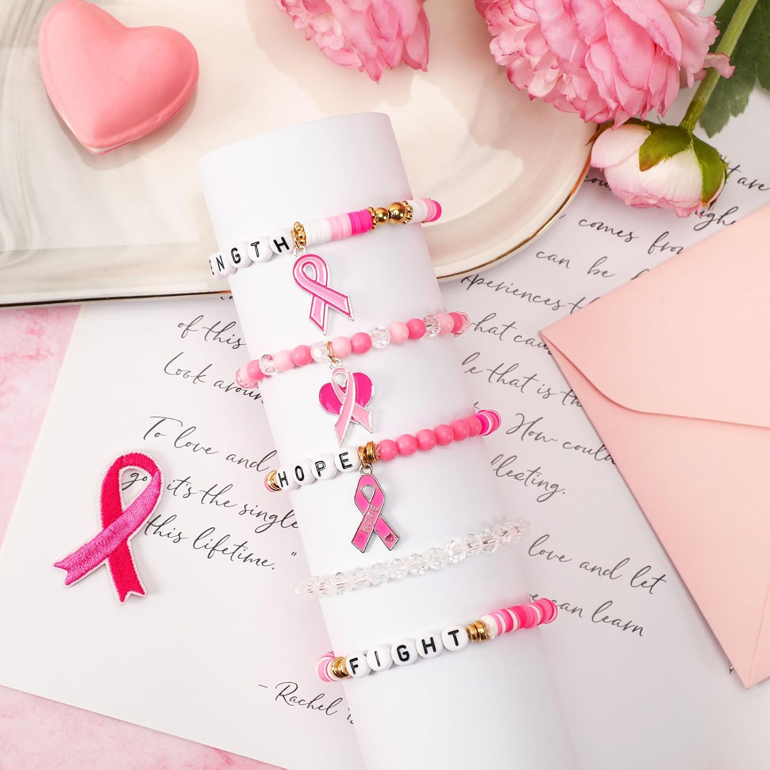 JULMELON 5Pcs Pink Ribbon Breast Cancer Bracelets, Breast Cancer Survivor Gifts for Woman Glitter Beaded Bracelet HOPE FIGHT Friendship Bracelets Survivor Support Jewelry Gifts - Image 7