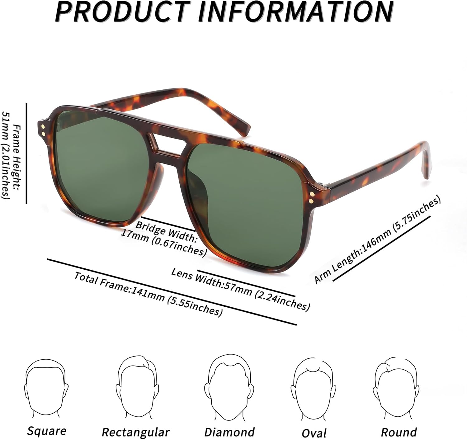 FEISEDY Retro Square Aviator Sunglasses Women Men 70s Vintage Trendy Plastic Frame Sun Glasses B2835 Tortoise Frame/Dark Green Lens 57 Millimeters thumbnail 5