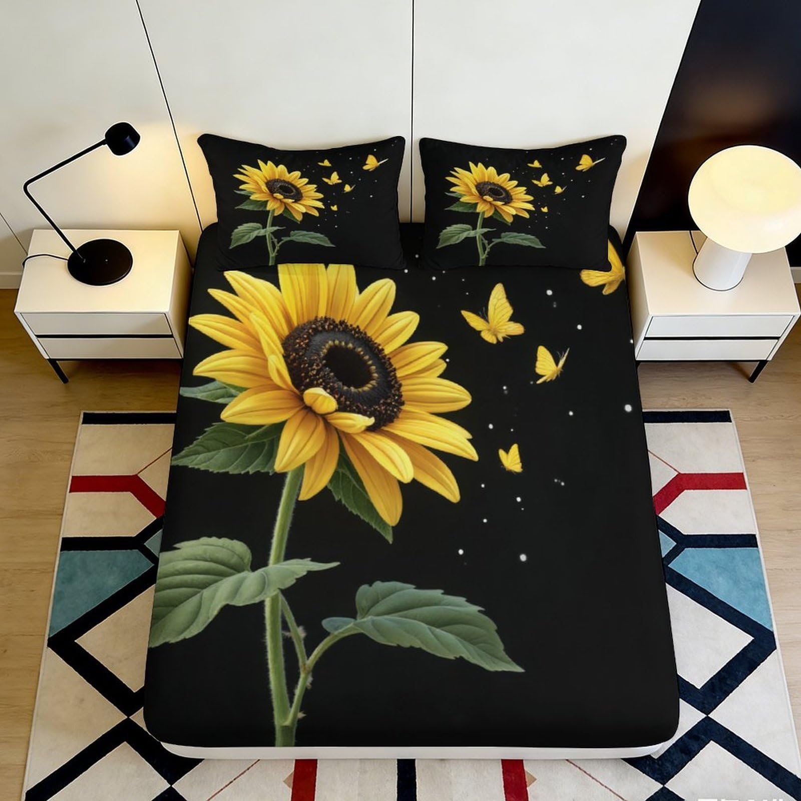 Pnayamiorkfel Style-8 3D Printed Sunflower Fitted Sheet Microfiber Soft Yellow Butterfly Bed Cover For Bedroom Guest Room Mattress Protection Decor 90X200x25cm