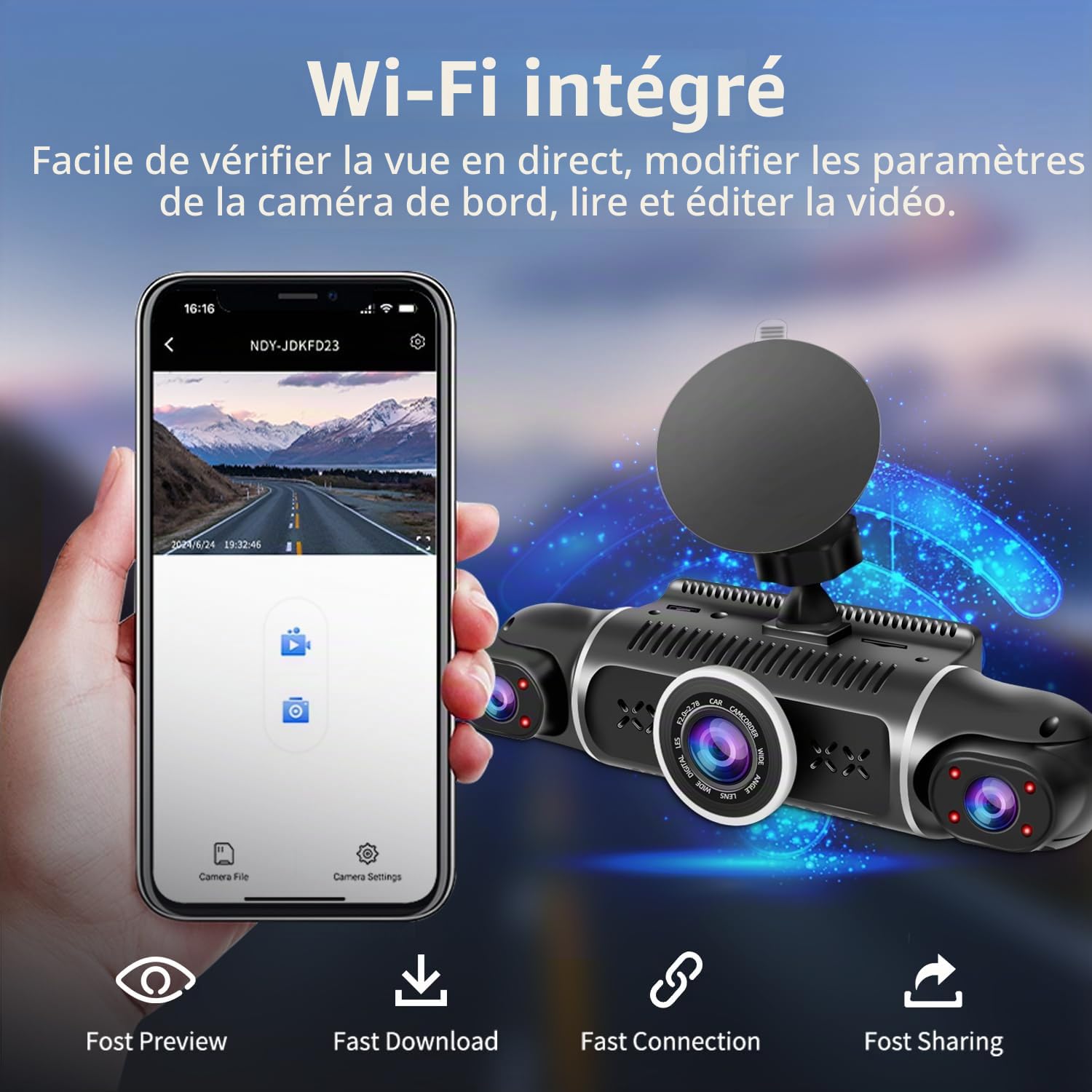 Caméra de tableau de bord 360 ° avant et arrière 4 canaux FHD 4 x 1080p, intérieur/arrière 170° + 2 x 150 ° + 170 ° grand angle, 8 lampes infrarouges, vision nocturne, WiFi 5G, GPS, application