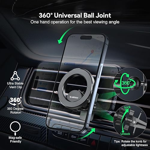 Miniatura 7 de Esoulk Magnetic Ring Air Vent Car Phone Holder 360° Rotating Magnetic Car Mount with Strong Magnet, Secure Grip, Removable Universal Compatible Fits