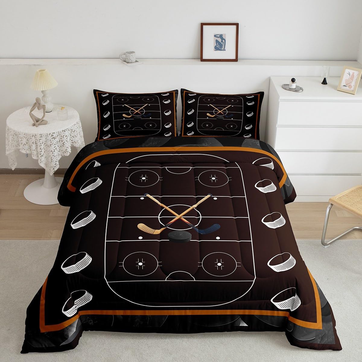 Feelyou Ice Hockey Comforter Set Queen Size Winter Sports Hobby Bedding Set Kids Boys Girls Hockey Stadium Ball Games Deep Brown Comforter Sports Theme Quilt Set