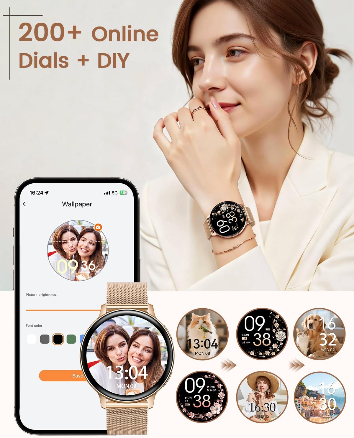 Reloj Inteligente Mujer, 1.39″ HD Smartwatch Mujer con Llamadas/24H Sueño/Pulsómetro/SpO2, Función Femenina 120+ Modos Deportivos IP68 Pulsera Actividad Calorías Podómetro Android iOS Oro Rosa, Regalo 7