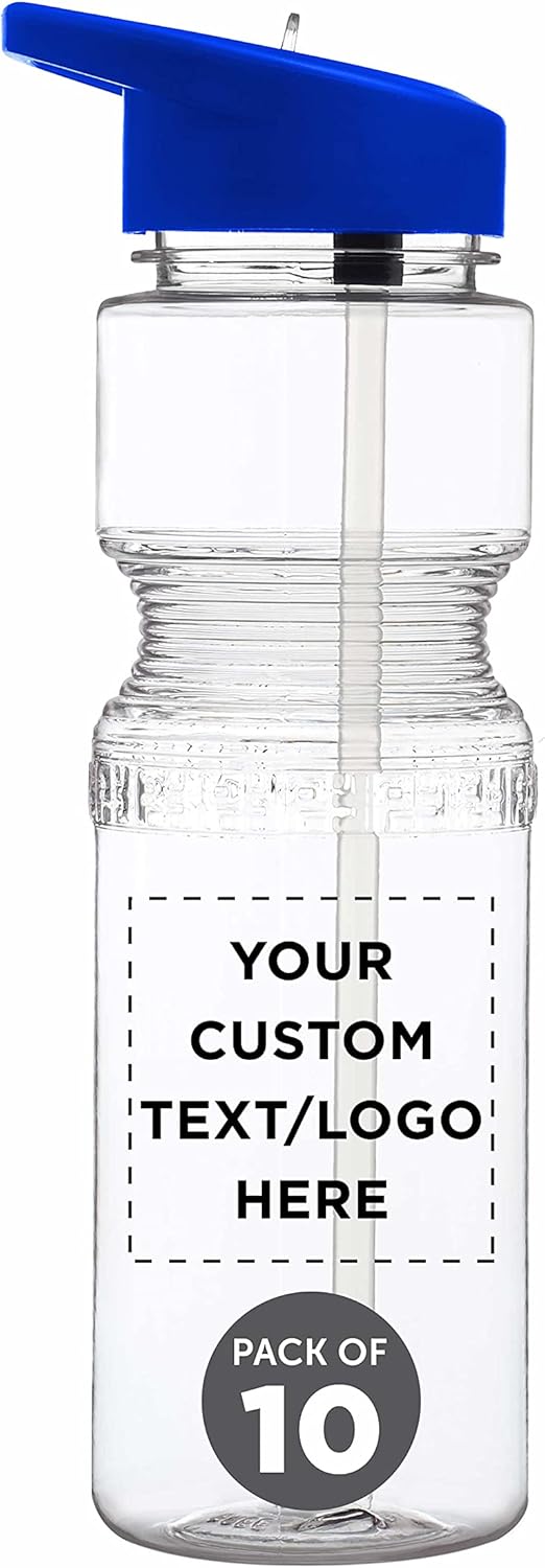 DISCOUNT PROMOS Custom Sports Bottles with Straw 28 oz. Set of 10, Personalized Bulk Pack - BPA Free, Great for Gym, Hiking, Cycling, Yoga and More - Blue
