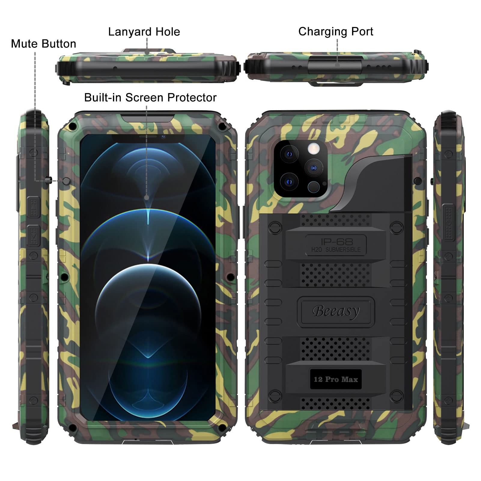 Beeasy Funda para iPhone 12 Pro MAX Impermeable Antigolpes Militar Metálica - IP68 Waterproof Agua Sumergible Acuatica, 360 Grado Completa Protectora, Irrompible Resistente Armor Carcasa, Camouflage