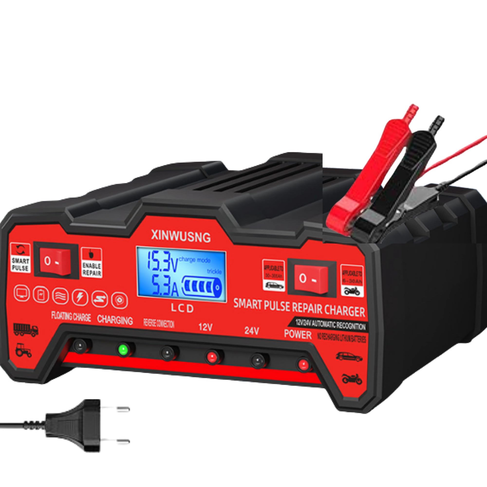 Cargador Baterías Coche- 12V/24V 900W Alta Potencia – para Coche,Moto,Tractor y camion – Compatible con Baterías de Plomo-Ácido, Reparación Inteligente por Pulso, LCD Digital -Cargador bateria Moto-