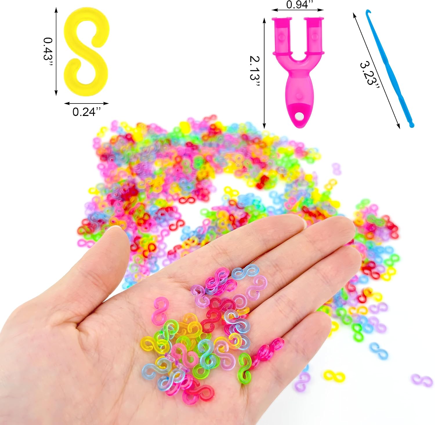 BlingKingdom 600 PCS Rubber Band S Clips with Tools, Colorful Loom Band Hook for DIY Weaving, Bracelets, Necklaces, Keychains