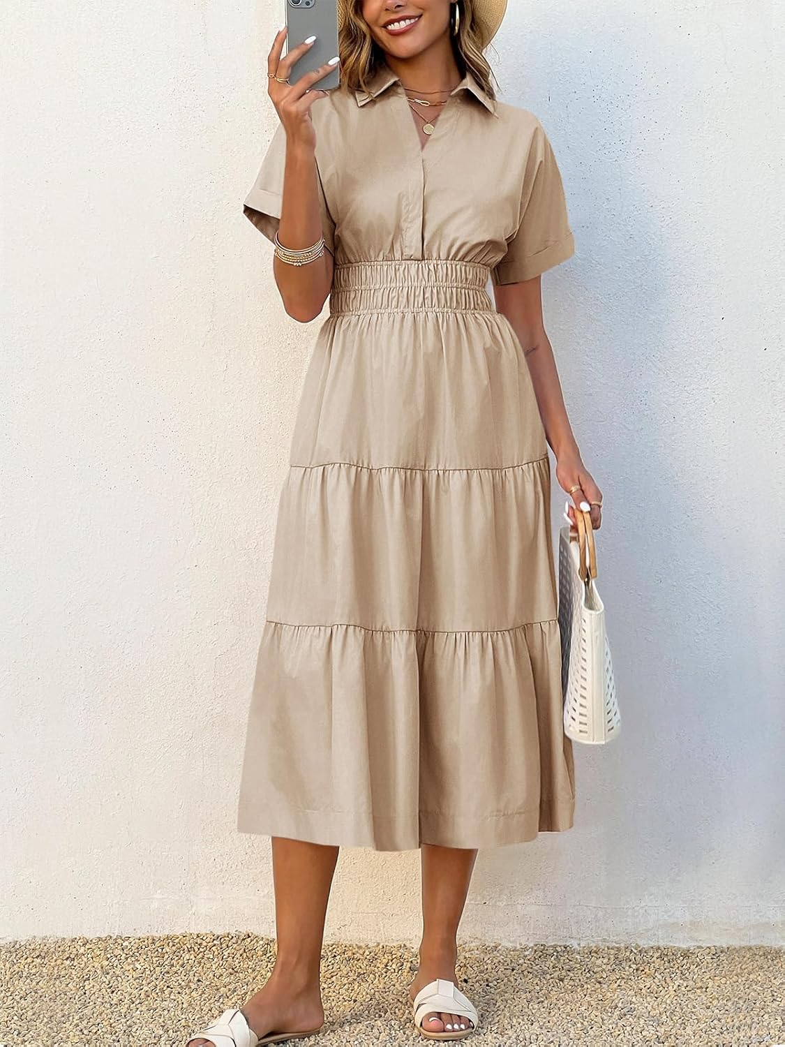 Wenrine Womens Summer Short Sleeve Maxi Dresses Casual V Neck Smocked Loose Tiered Flowy Shirt Dress with Pockets - Image 4