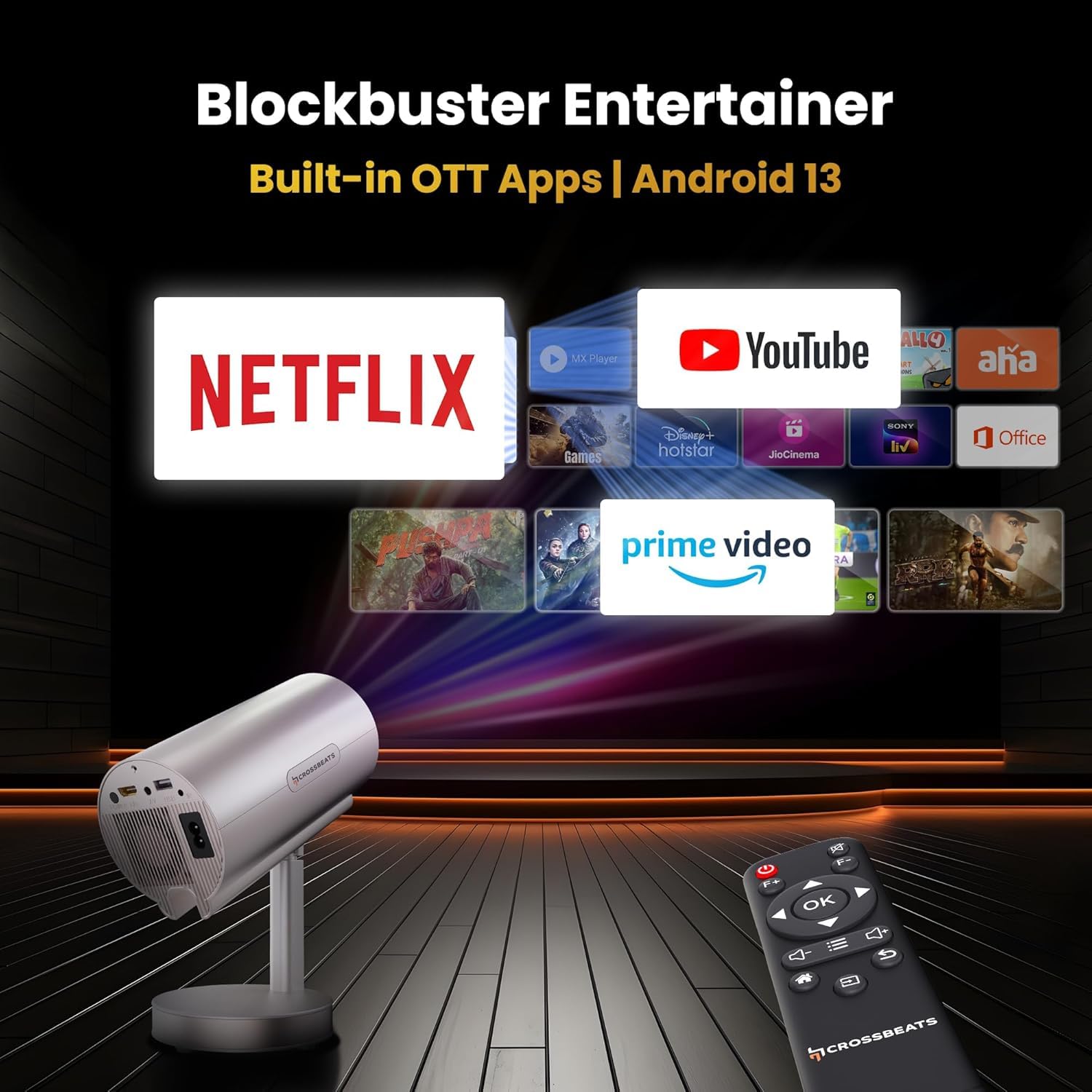 Crossbeats Lumex Pro Smart Projector 4k Ultra HD, Mini Projector for Room Native 1080P, Upto 14000 Lumens Android 13 Built-in Apps Netflix, Prime, Portable Design, Speaker WiFi 300" Wide Display Black - Image 8 thumbnail