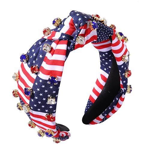 Diadema de terciopelo de cristal, bandera estadounidense, turbante anudado, patriótico, diamantes de imitación, banda ancha para el cabello,