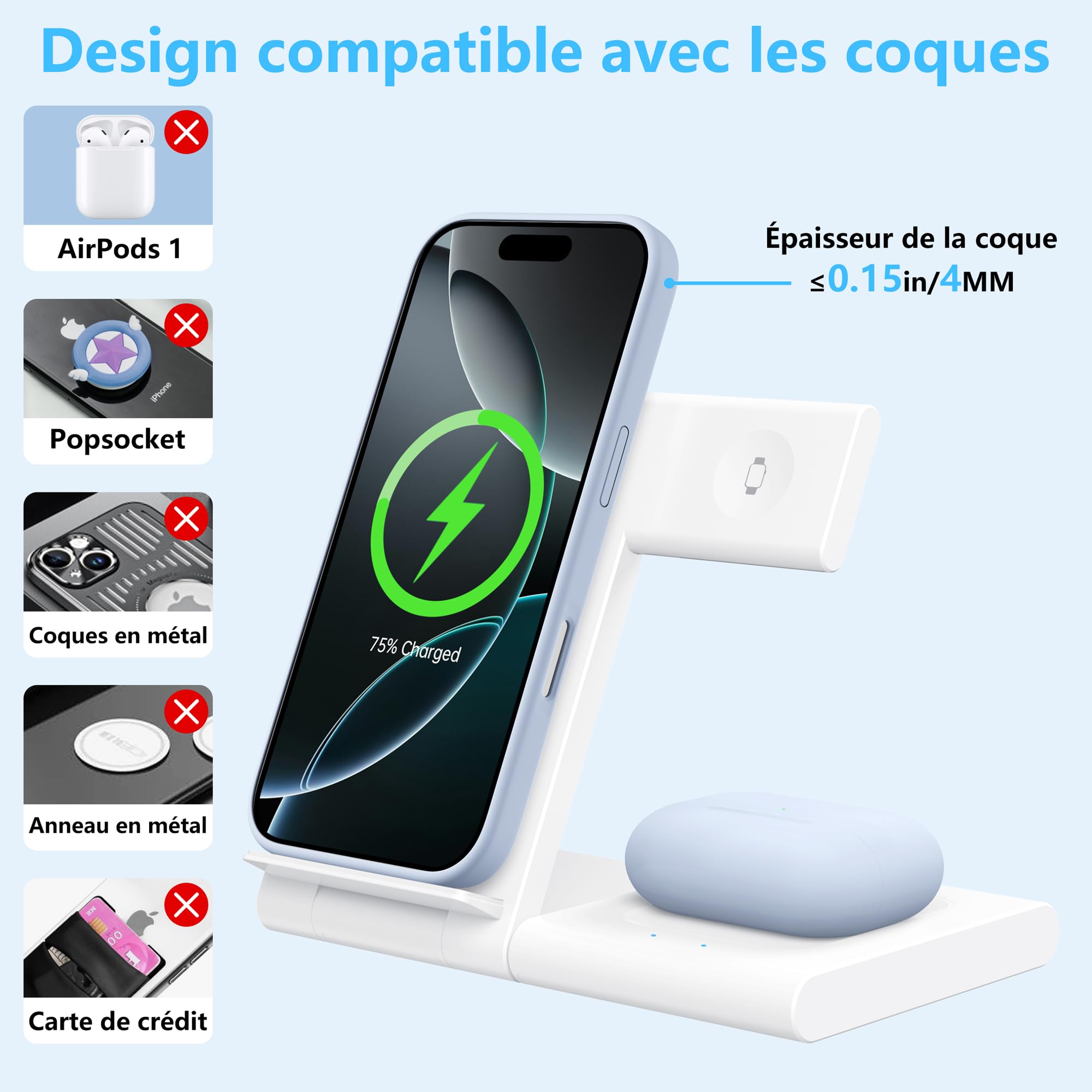 Station de Charge sans Fil 3 en 1 pour iPhone 17/16/15/14/13/12/11 Pro/Max/Plus, Chargeur Rapide à Induction pour Apple Watch Ultra 3/11/10/9/8/7/6, Support de Charge pour AirPods 3/4/Pro 3