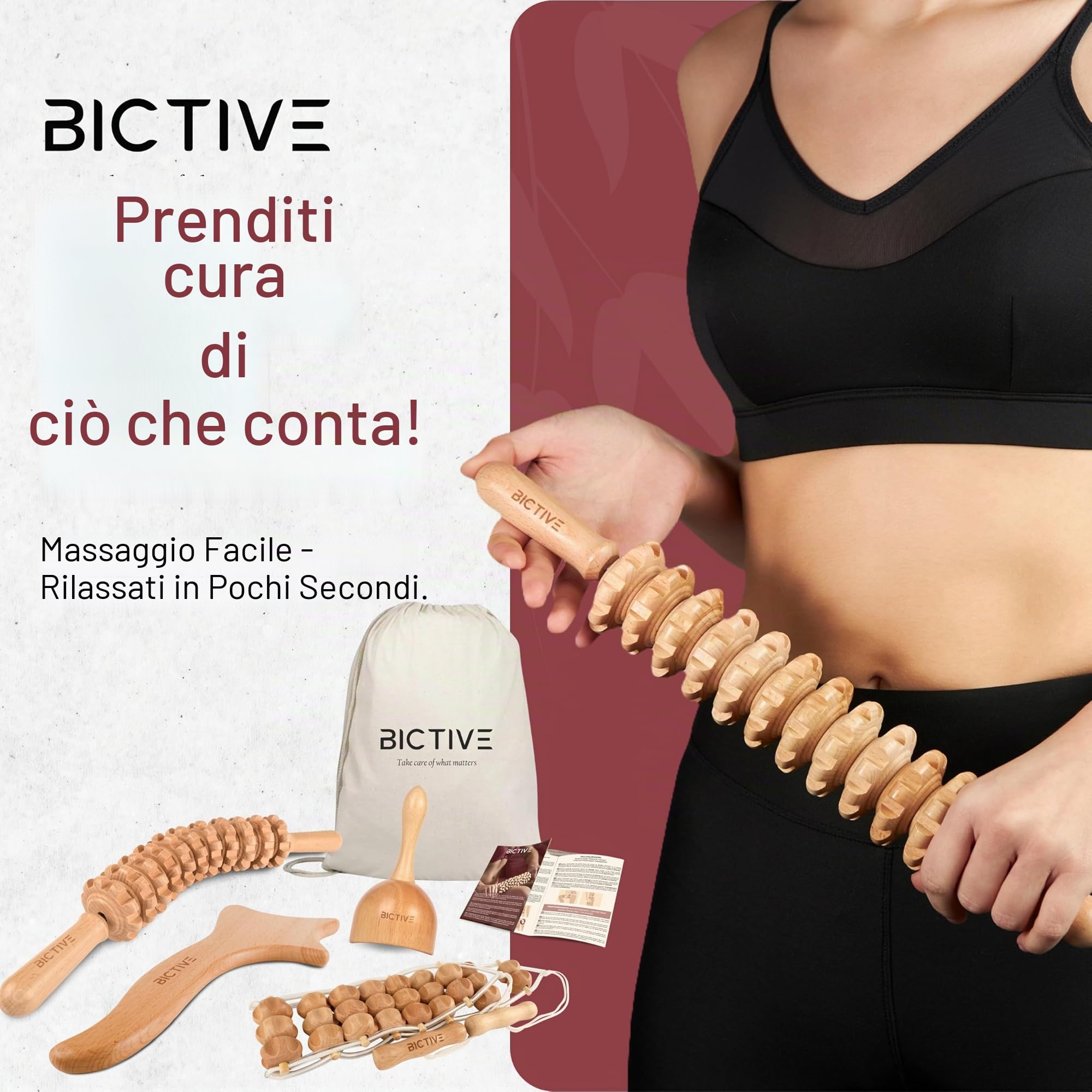 Kit Maderoterapia Legno 4 in 1. Massaggiatore Cellulite e Linfodrenaggio Gambe. Massaggio Anticellulite per il Corpo e le Gambe. Rullo Massaggiatore Linfodrenante in Legno di Faggio.