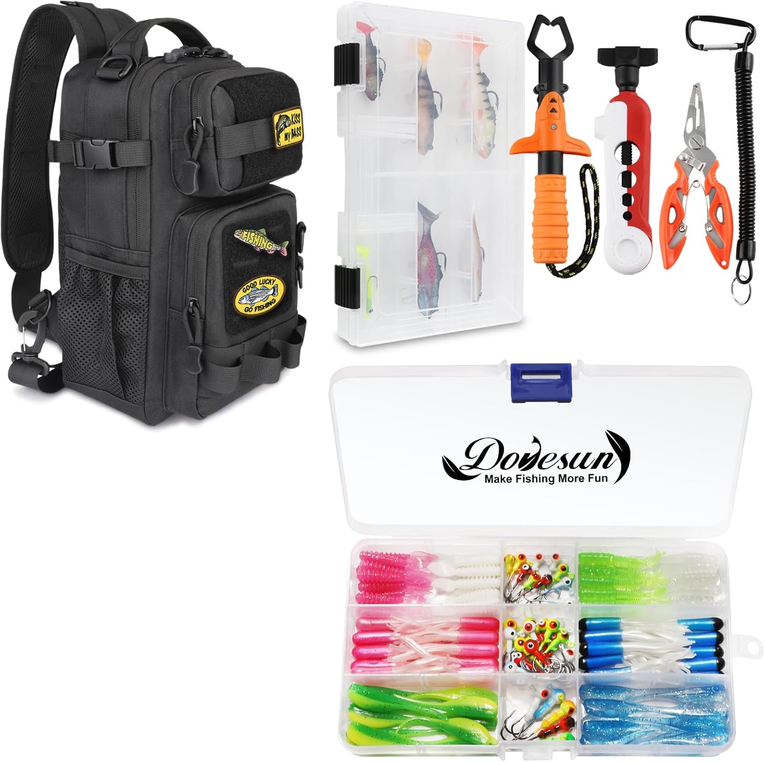 Dovesun 110pcs Crappie Lures with Jig Heads Kit, Sling Bag with Tool Set, Sling Tackle Bag & 3600 Tackle Box, Fishing Line Spooler, Fish Gripper, Pliers, Lanyard, 6pcs Random Lures Black
