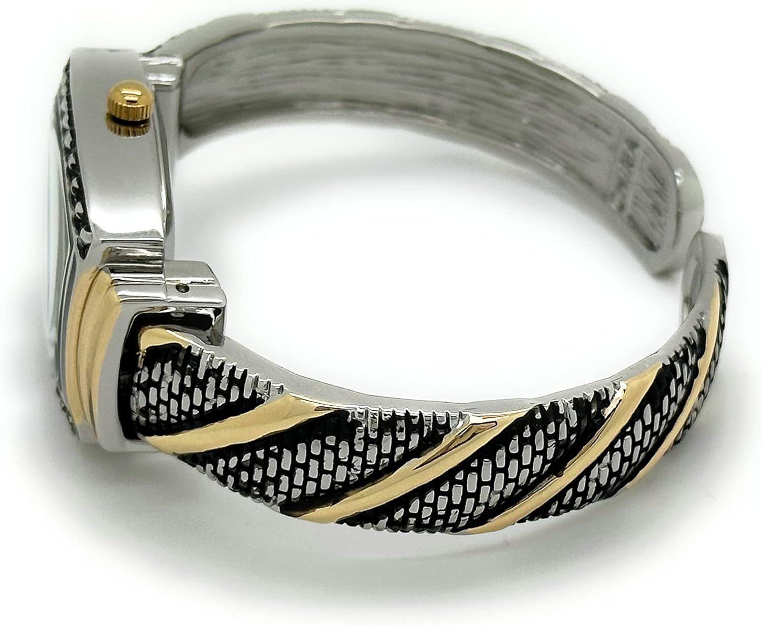 Ladies Rectangle Case with Small Studs Metal Bangle Cuff Fashion Analog Quartz Watch Mother of Pearl Dial Easy to Read Black Numbers Black Hour Minute Second Hands