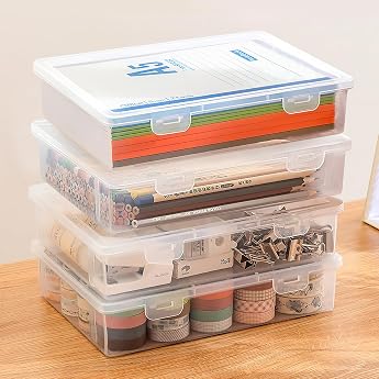 Nuyoah Storage Box with Lid A5 Plastic Box Small Pack of 4 Plastic Box with Lid Pen Box Portable Archive Box with Snap Tight Stackable for Paper Stationery Cosmetics Tool Parts