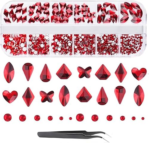 Diamantes de imitación para uñas de Halloween, diamantes de imitación rojos para uñas, corazones, mariposas, redondos, cristales, diamantes de