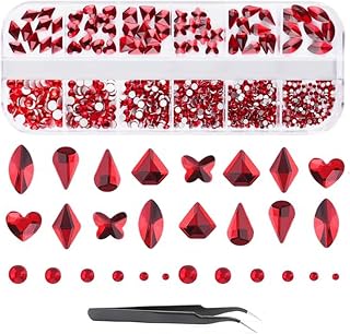 Halloween Nail Rhinestone EBANKU Red Nail Rhinestones Hearts Butterfly Round Nail Art Crystals Diamonds Flat Back Rhinestones 3D Diamond Stone Nail Gems with Tweezer for Halloween Christmas