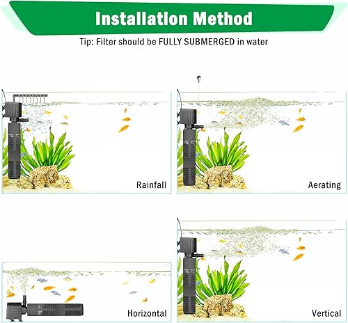 Miniatura 7 de AQQA Filtro de acuario, filtración de 3 etapas, fabricante de ondas ajustables y oxigenador, bomba sumergible silenciosa de 18 W 164 GPH, filtro de