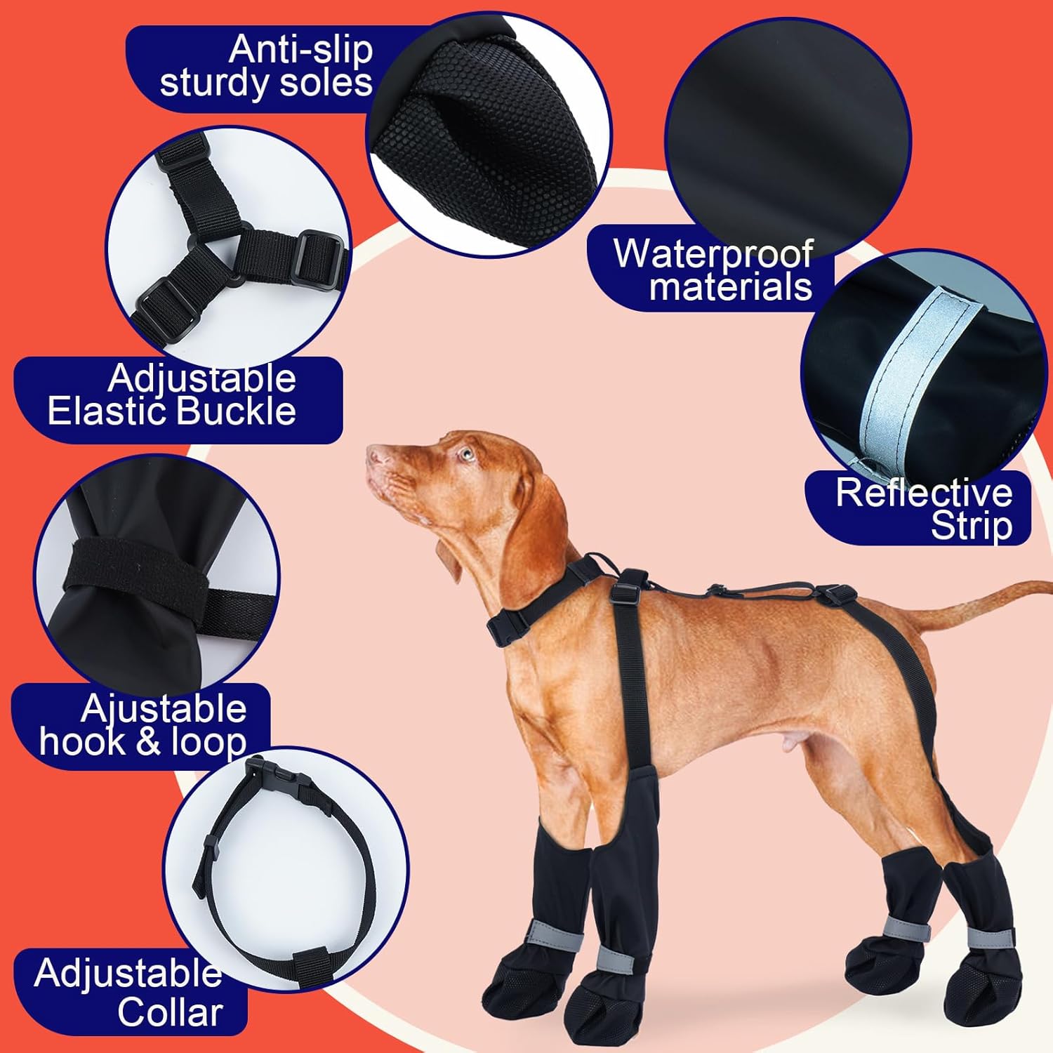 XL Black Stay-On Suspender Dog Boots | Anti-Slip Waterproof | Adjustable Dog Shoes Paw Protector for Medium/Large Dogs Outdoor Walking Hiking Hot Pavement Winter Snow