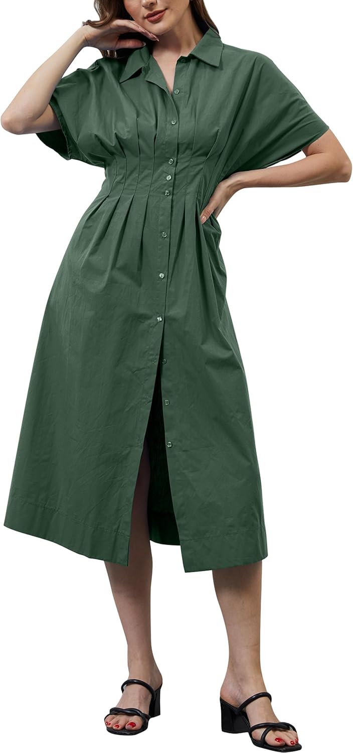 Women Button Front Pleated Shirt Maxi Dress Summer Striped Prints Short Sleeve Collar Casual Long Dresses