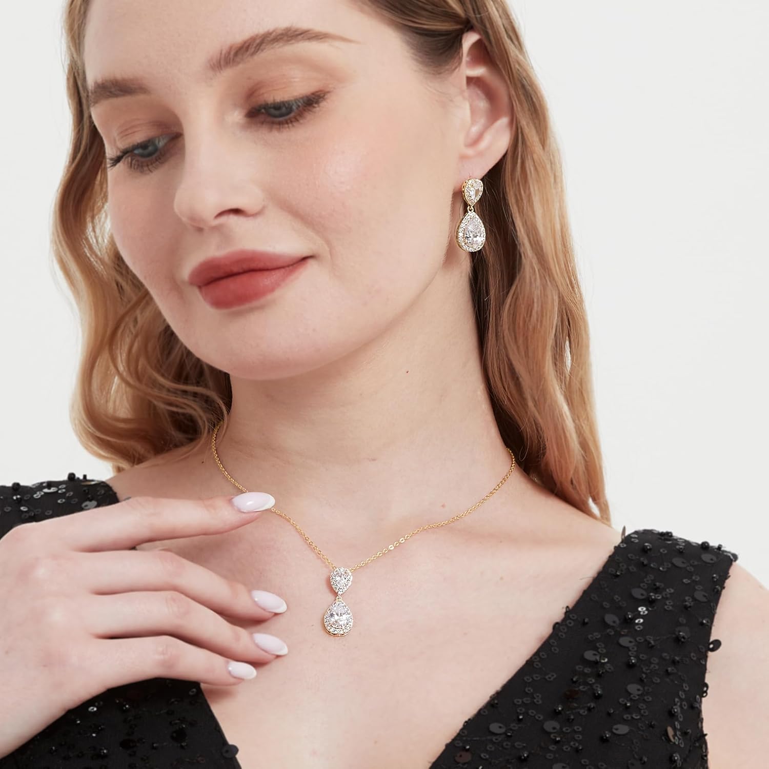 UDYLGOON Elegant Bride Bridesmaid Teardrop Necklace Earrings Set Wedding Prom Jewelry Set - Image 3