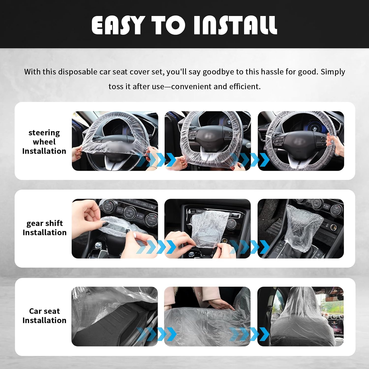 200PCS Disposable Car Seat Covers Kit,Plastic Seat Covers for Cars/Disposable Steering Wheel Cover/Handbrake & Gear Shift Cover for Dustproofing,Clear Car Seats Protector Kit