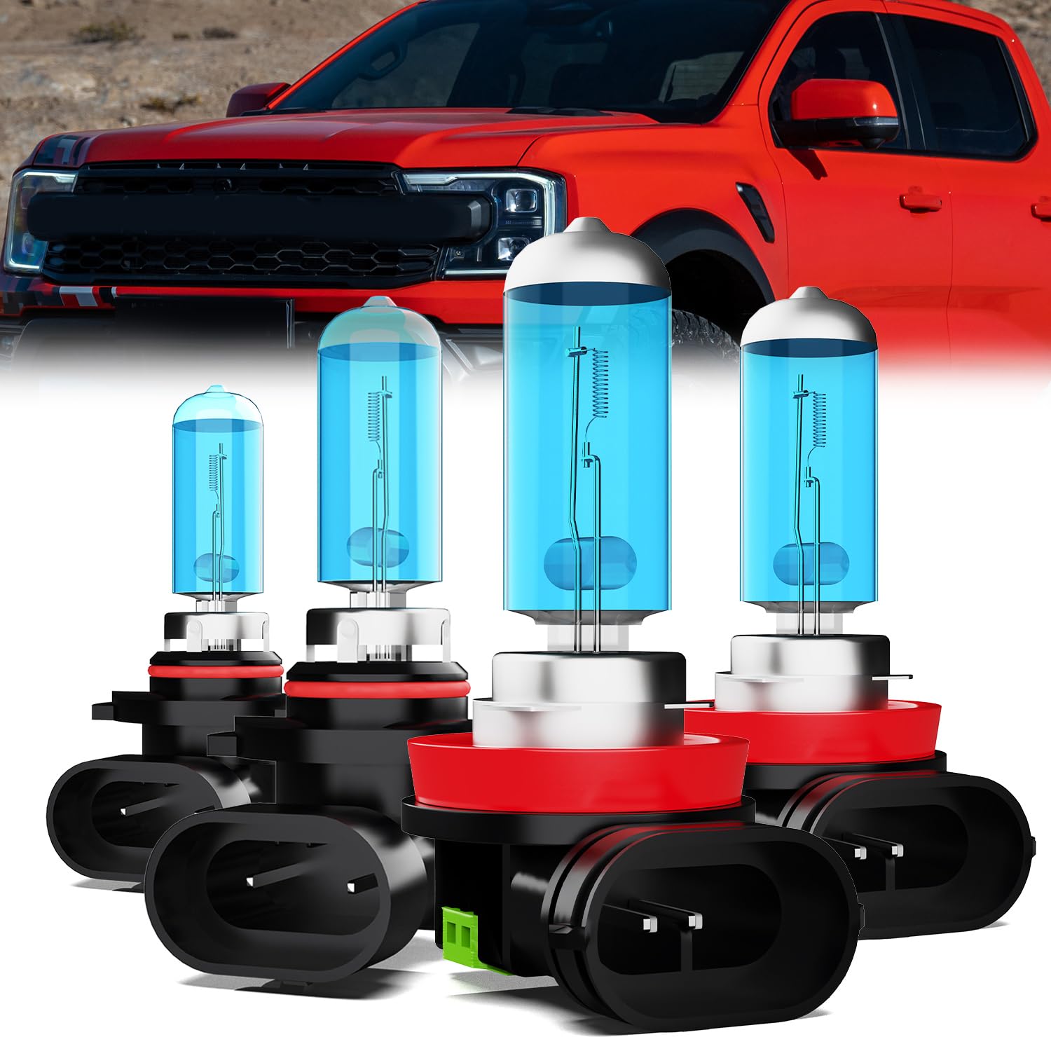 Headlight Bulbs Compatible With Ford Ranger 2023, H11 High Beam + 9005 Low Beam Halogen Light Bulb Combo, Super Bright 6000K White, Plug and Play, Pack of 4
