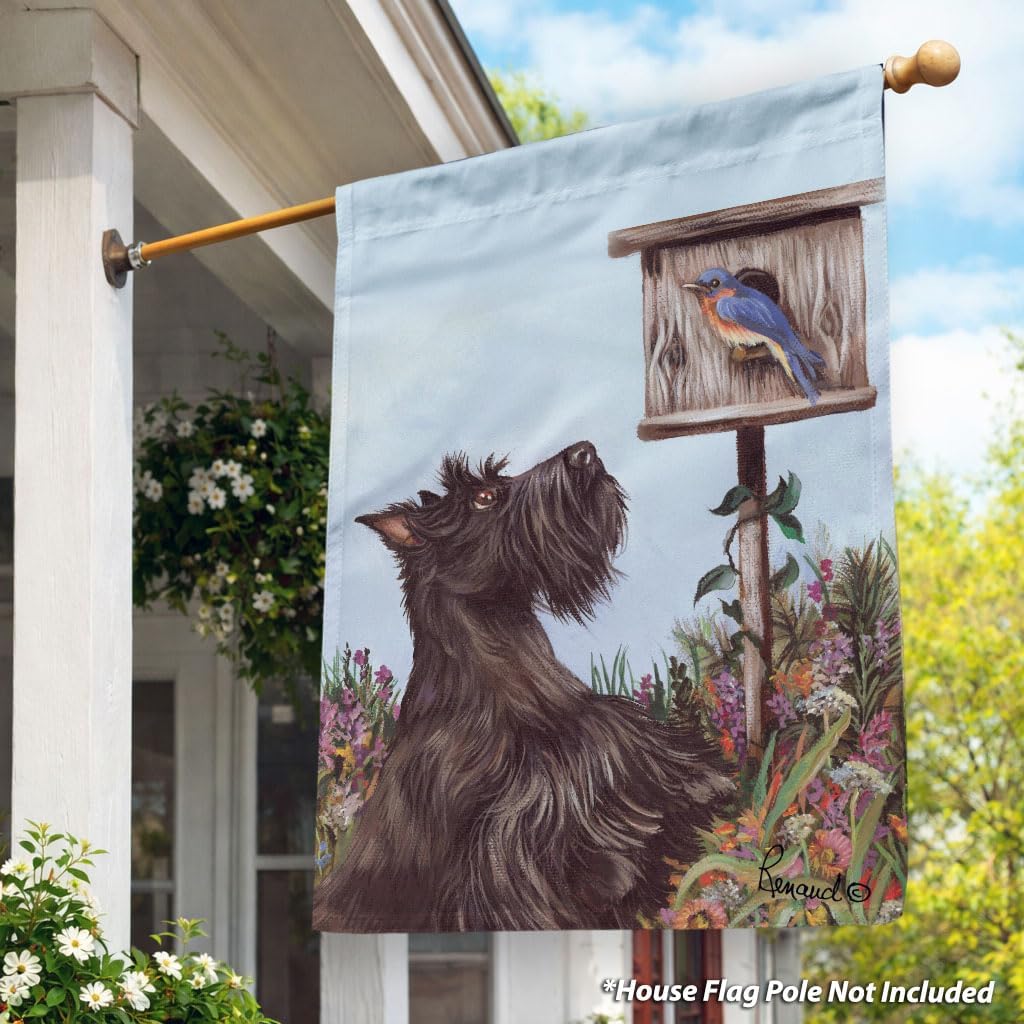 Flagology.com, Scottish Terrier Bluebird Spring House Flag 28" x 40", Outdoor Flag, Exclusive Premium Fabric, Precious Pets Paintings, Dog, Scottie