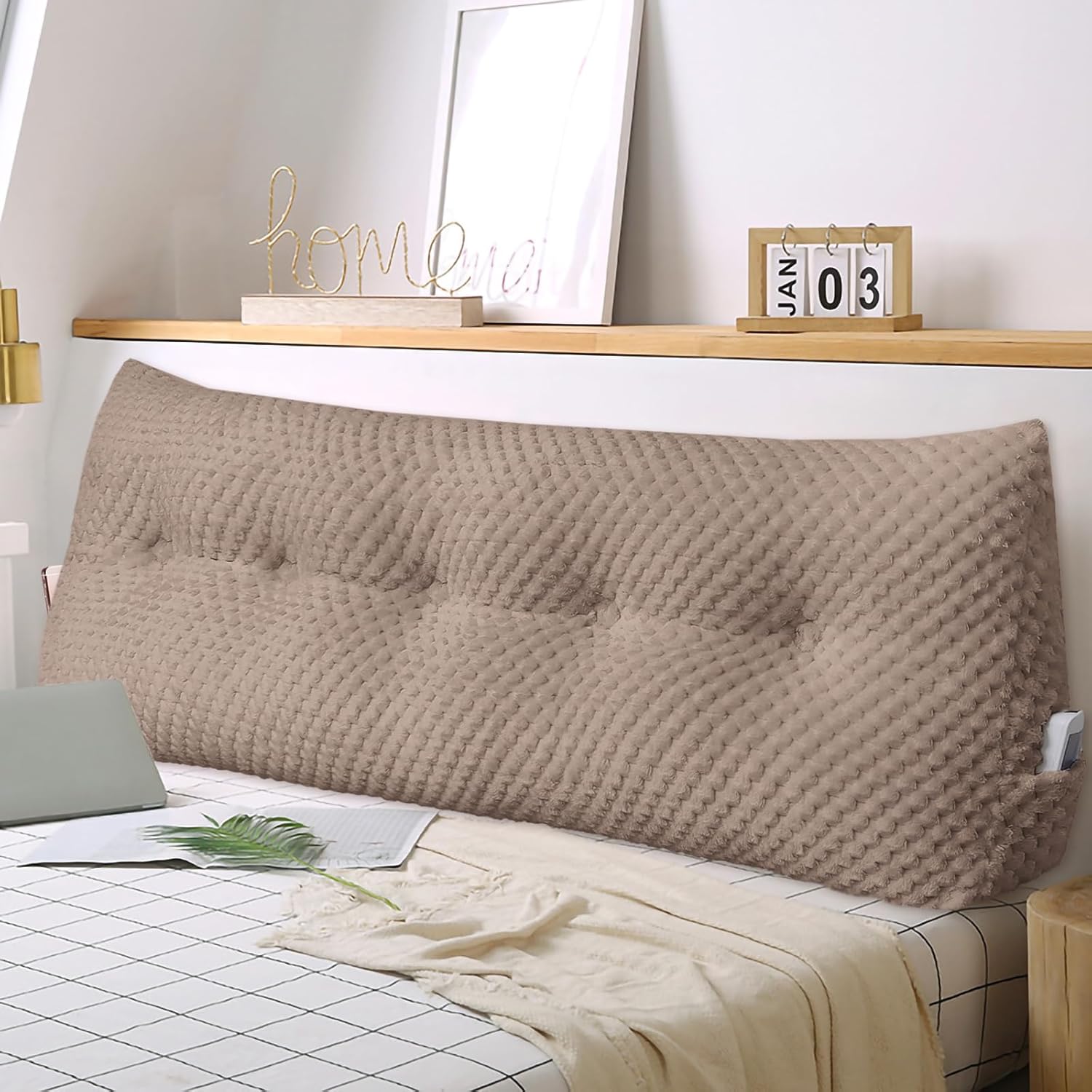 Large Triangular Headboard Wedge Pillow Soft and Supportive Headboard Backrest Positioning Support Bolster Cushion, Bed Wedge Pillow with Removable Cover(Brown,Full,54x8x20inch)