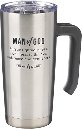 Christian Art Gifts Large Stainless Steel Vacuum Sealed Insulated Inspirational Travel Mug for Men: Man of God Encouraging Bible Verse, Retractable Lid, Thick Sturdy Handle, Silver & Black, 18 oz.