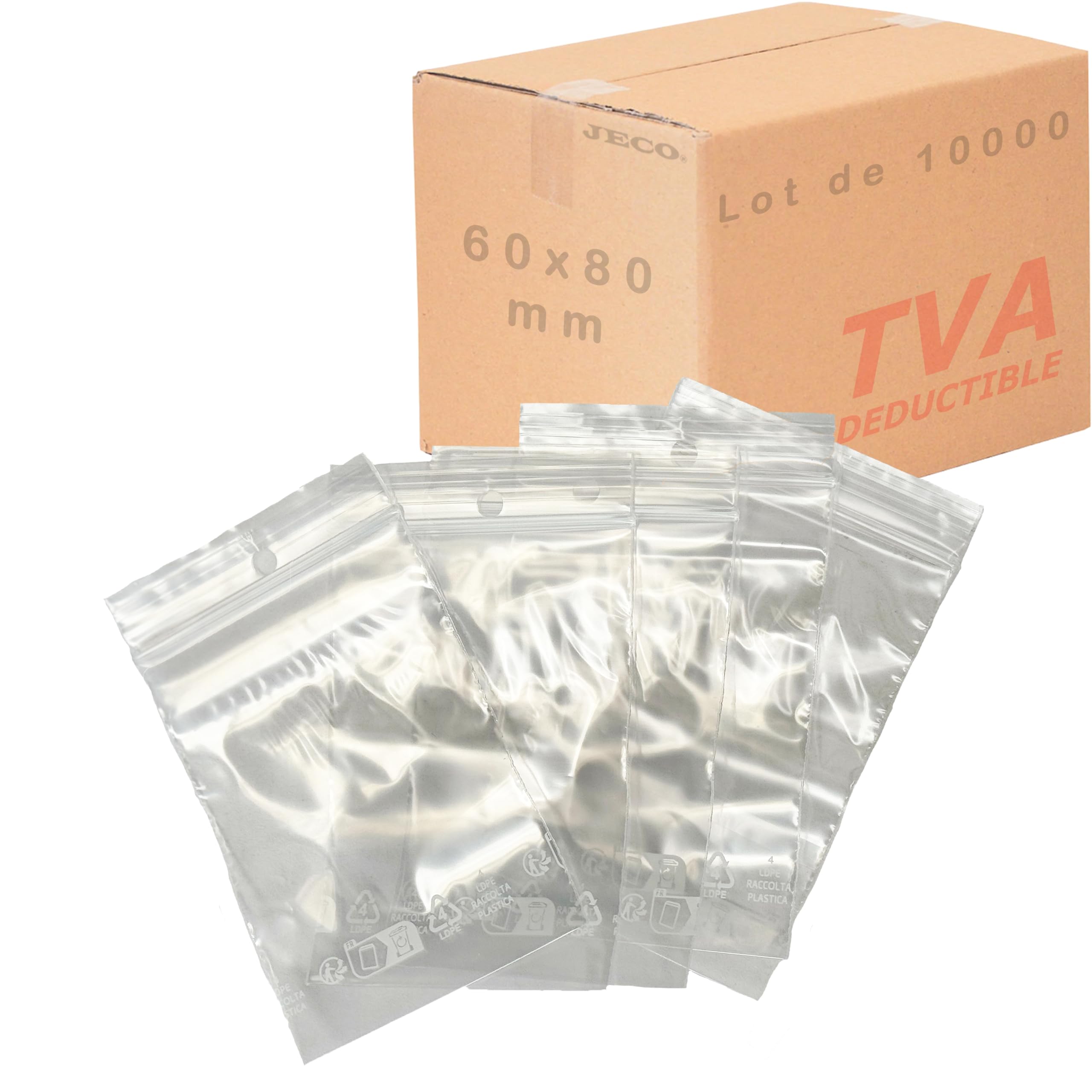 Jeco - Lot de 10000 sachets à fermeture zip transparent format 60 x 80 mm : 6 x 8 cm 50µ - qualité alimentaire