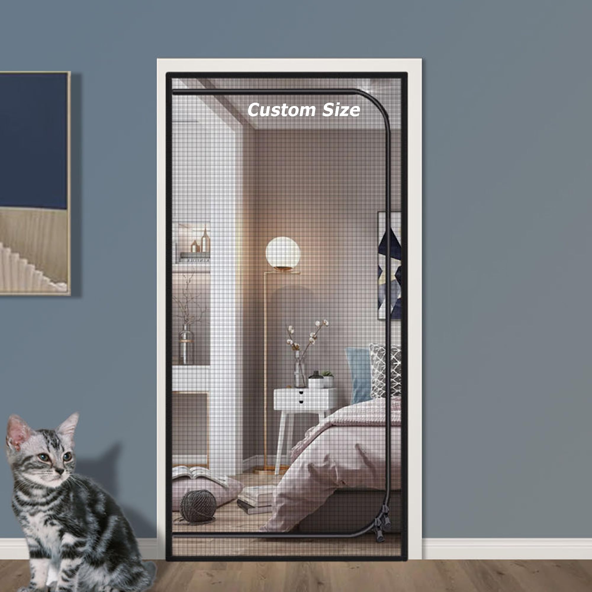 Customized Size Cat Dog Screen Door, Cat Scratch Proof Mosquito Screen Mesh, Self Adhesive Pets Partition Nets, Balcony Safety Screen with Double-side Zipper (W*H:80 * 200cm)