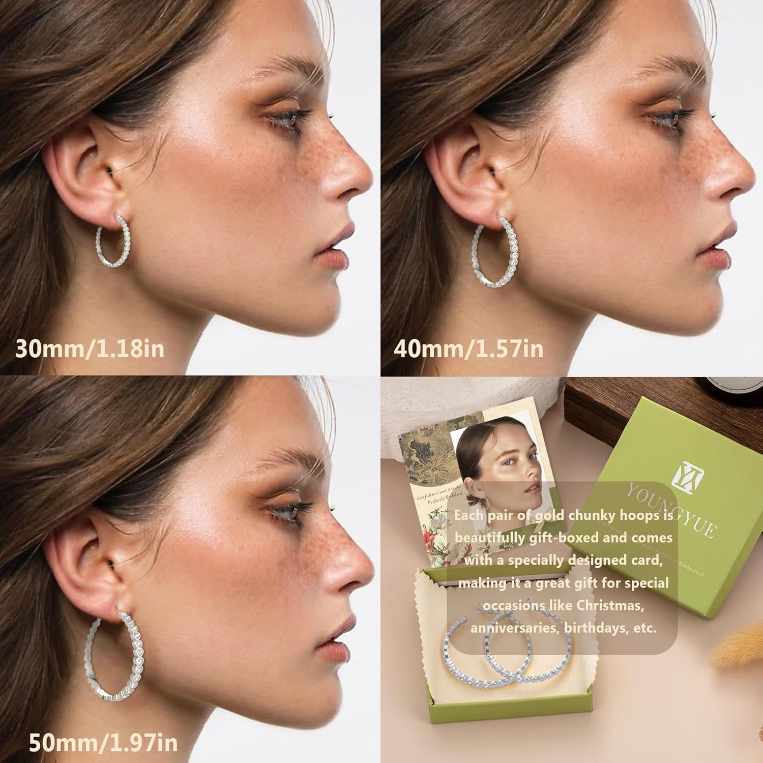 YOUNGYUE Heart 925 Sterling Silver Hoop Earrings for Women Hypoallergenic 14K Gold Plated Hoop Earring for Women Non Tarnish Large Rhinestone Hoop Earrings with Sparkly Cubic Zirconia 30/40/50mm - Image 5