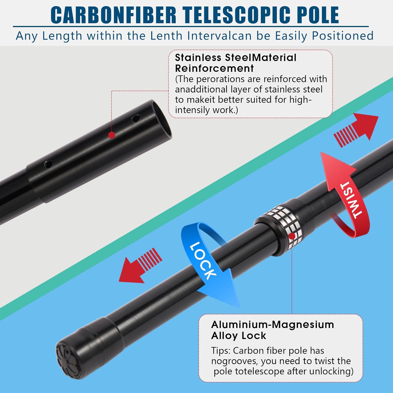Carbon fiber pool pole, 4-section telescopic 15 foot, lightweight and easy to grip adjustable cleaning pole, used for pool cleaning, connected to fishing net, rake, brush, vacuum head cleaning (15FT)
