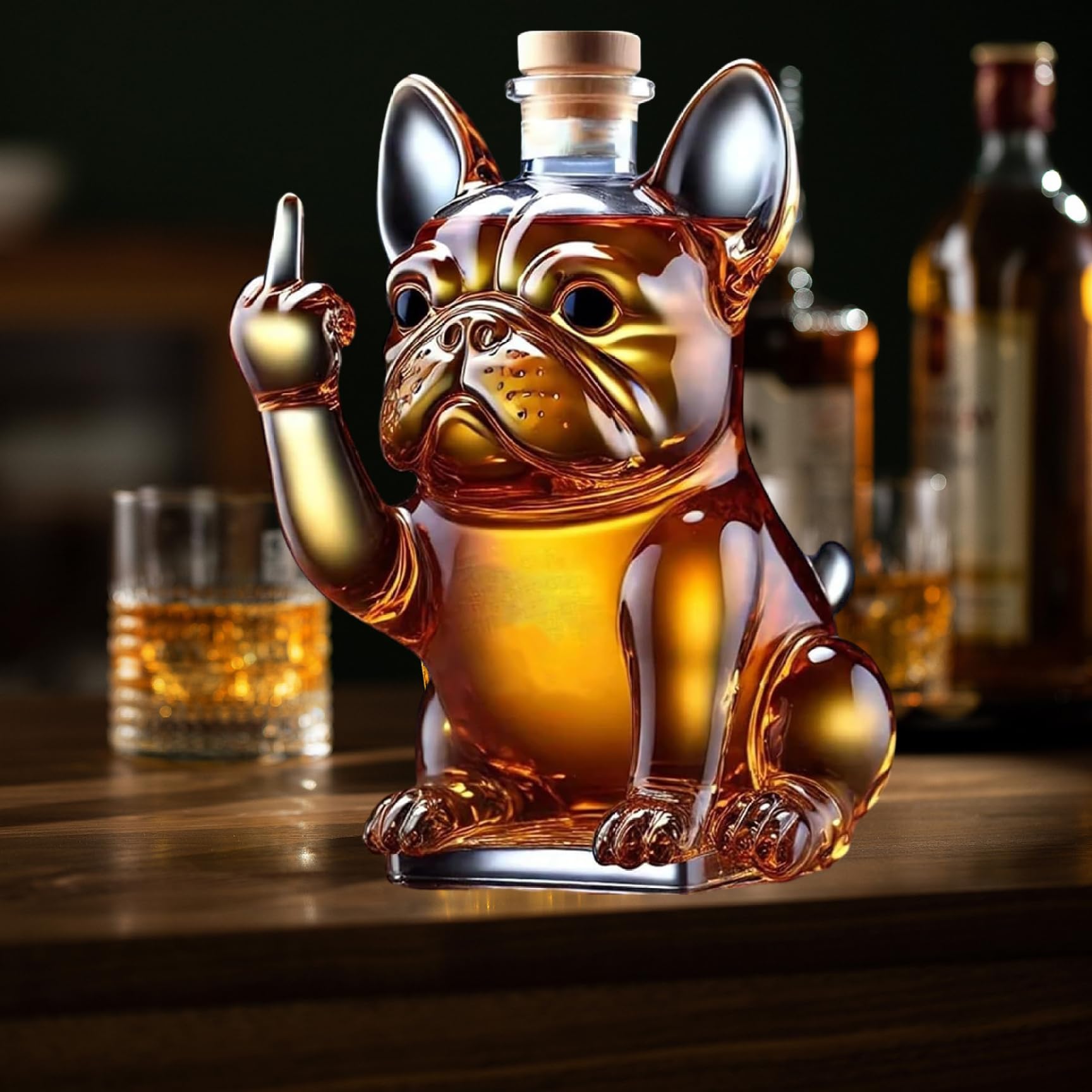 Bouteille de whisky, 7x5x5 pouce bouteille de liqueur bouledogue française drôle montrant son majeur en verre transparent en verre bouteilles whisky pour le vin, tequila